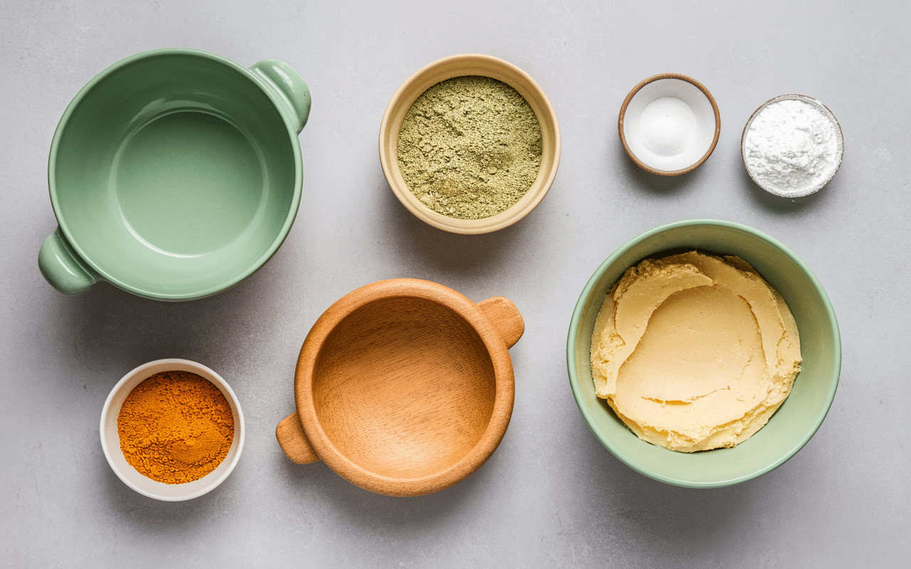 Preparation cataplasme argile verte avec bol, poudre et eau