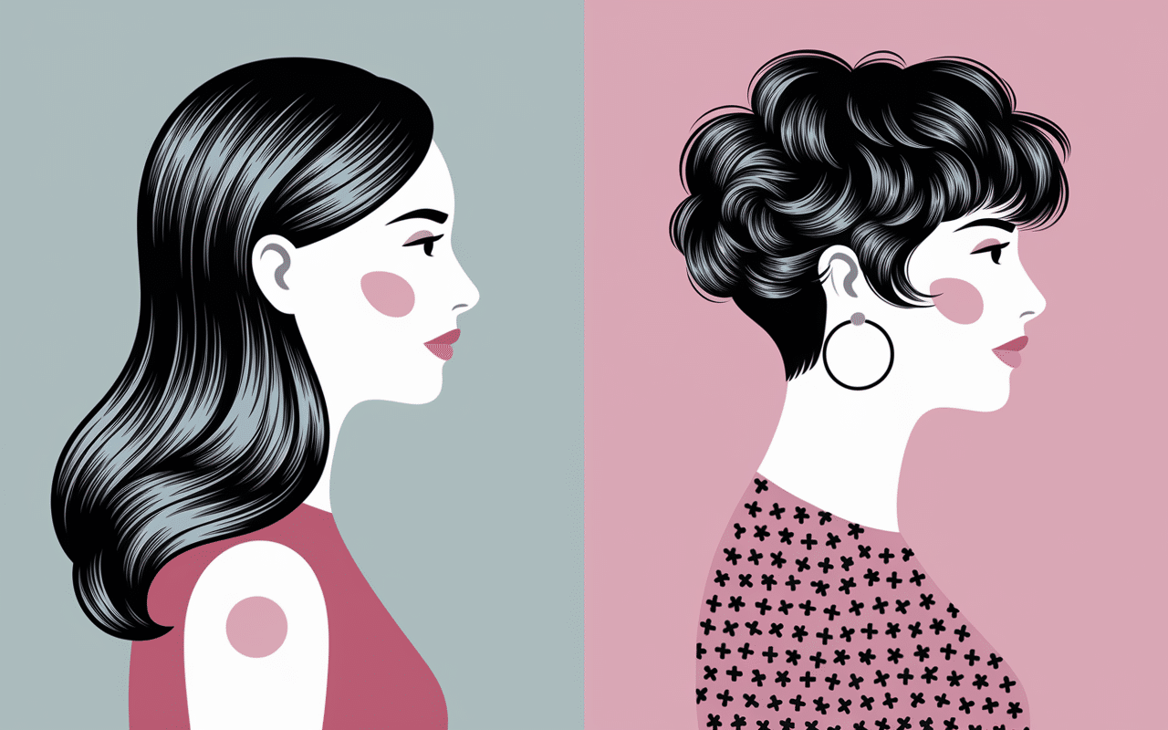 Illustration coupe courte cheveux fins et clairsemés vs cheveux longs plats