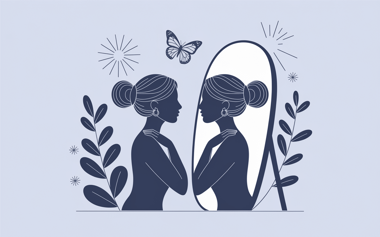 Silhouette femme face miroir posture confiante etre sur de soi