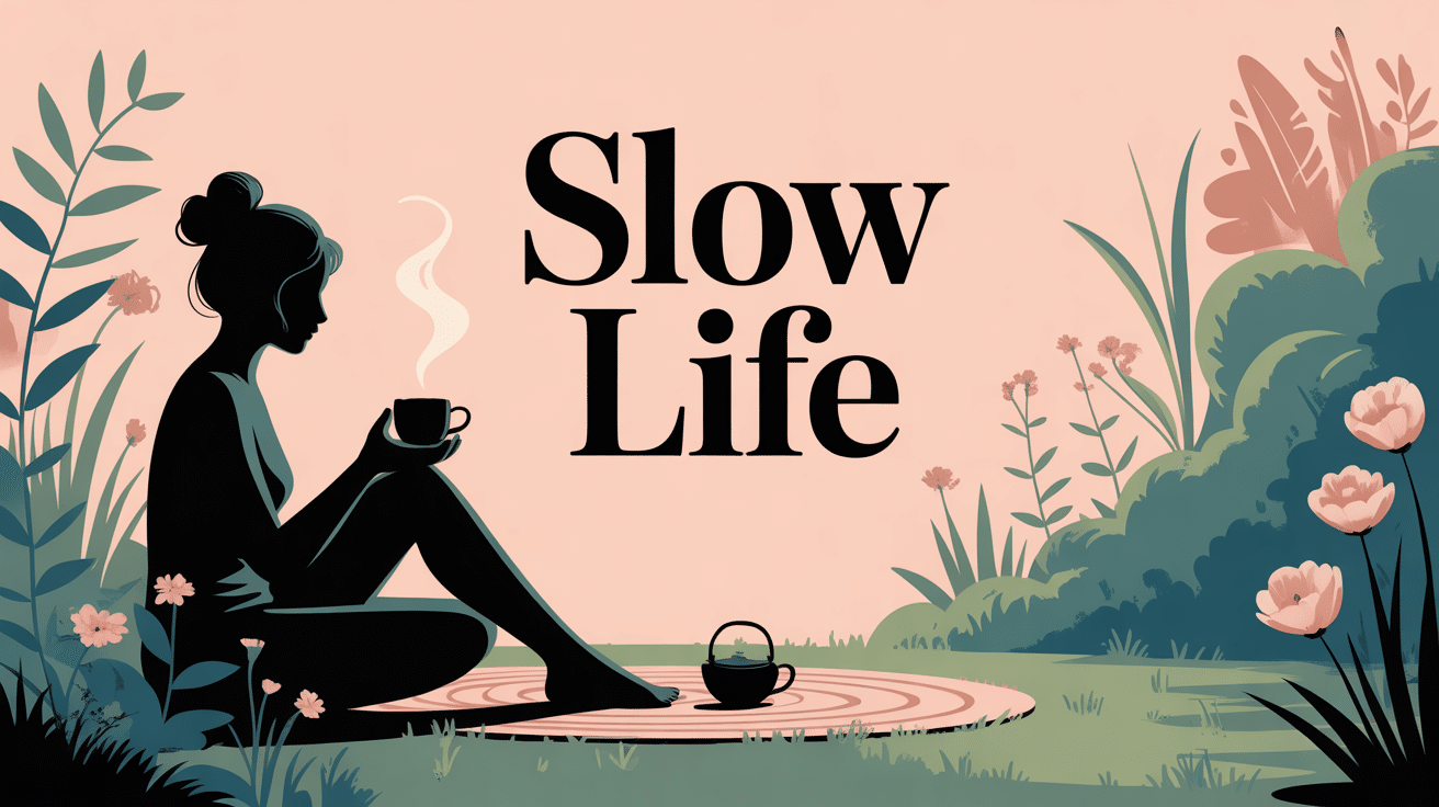 femme en silhouette slow life jardin zen tasse de thé