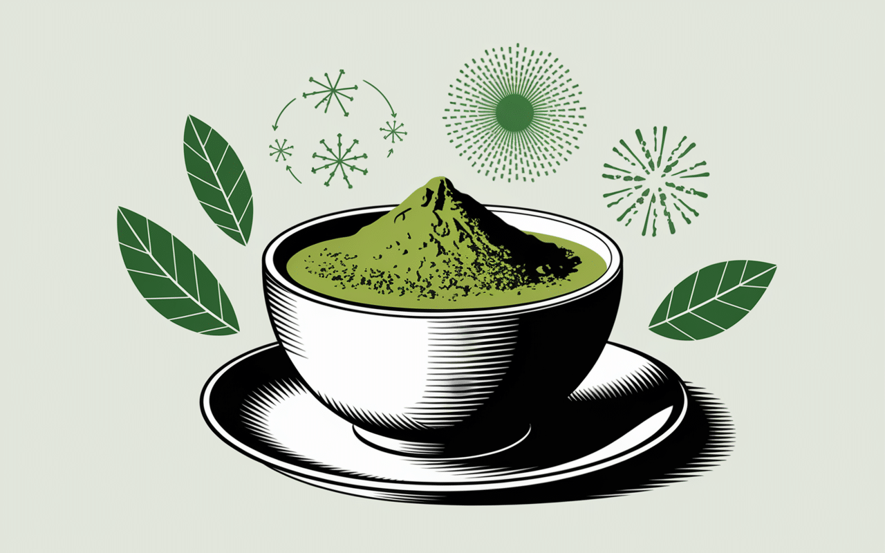 Poudre de matcha vert émeraude avec symboles bienfaits beauté pour matcha skin