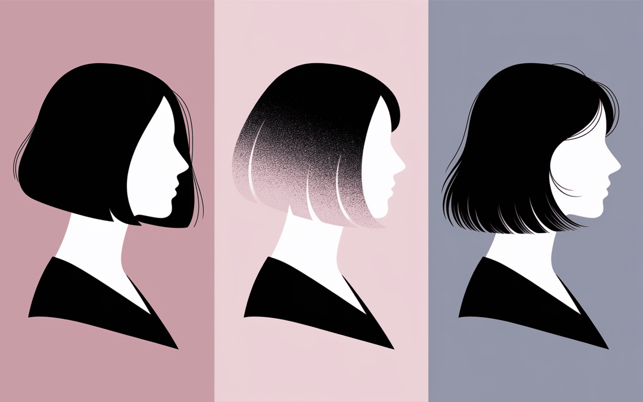 Trois silhouettes avec coupes courtes cheveux fins et clairsemés