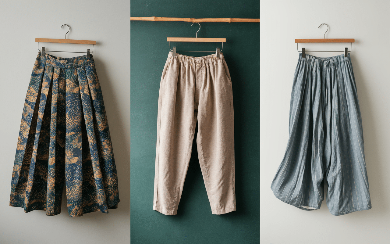 styles pantalon japonais sur cintres