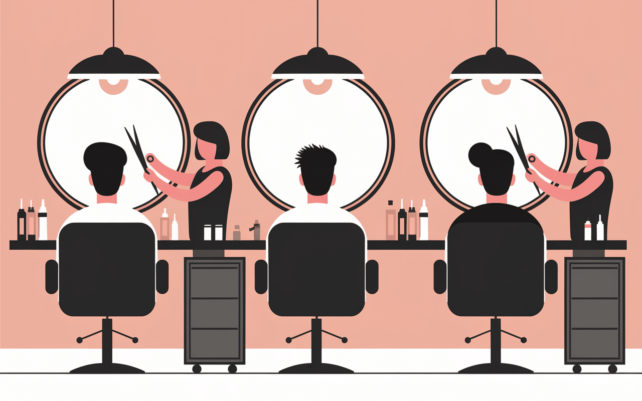 Silhouettes de coiffures variées et outils dans un salon moderne