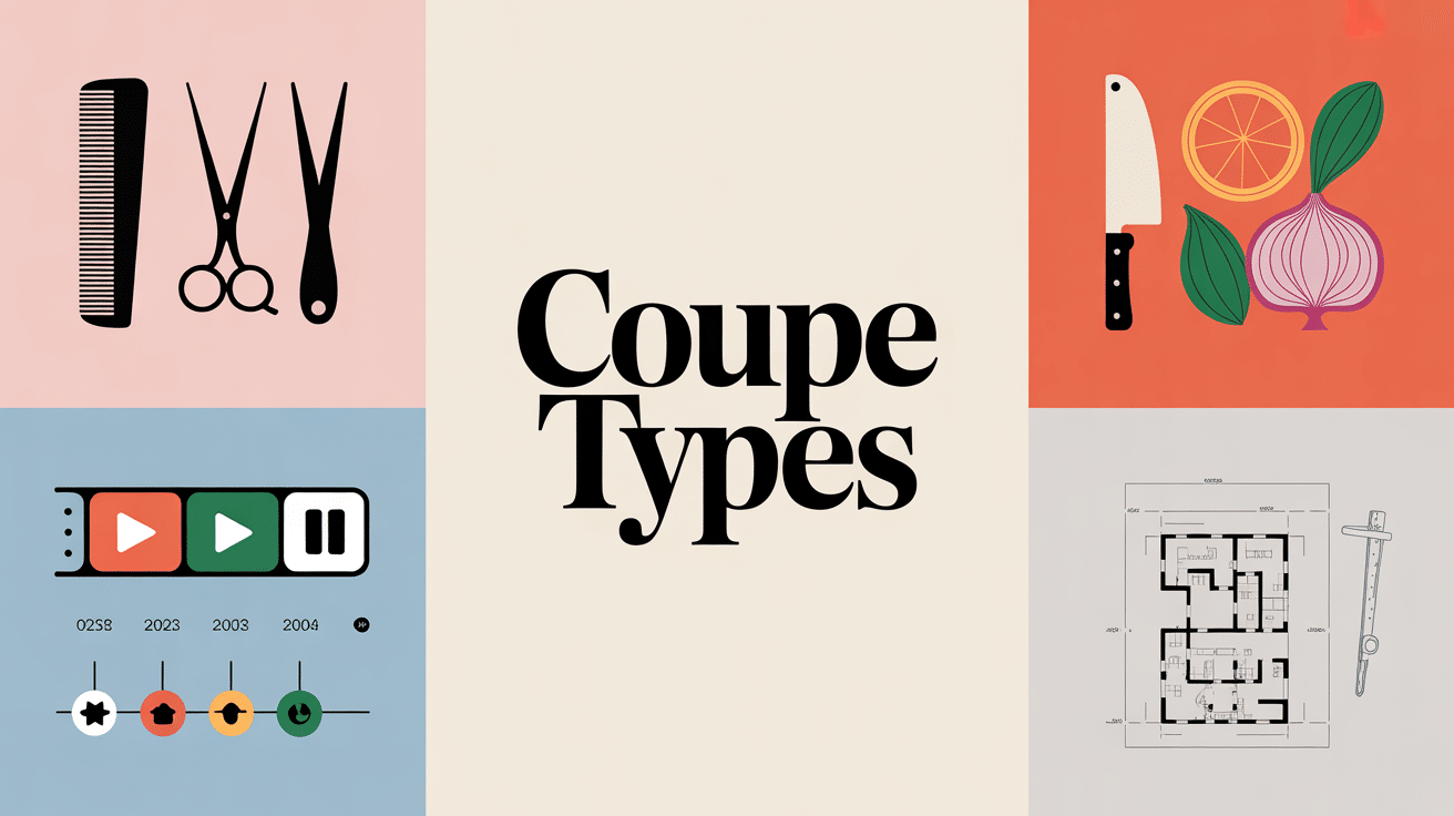 Illustration des types de coupe en coiffure, cuisine, vidéo, et architecture