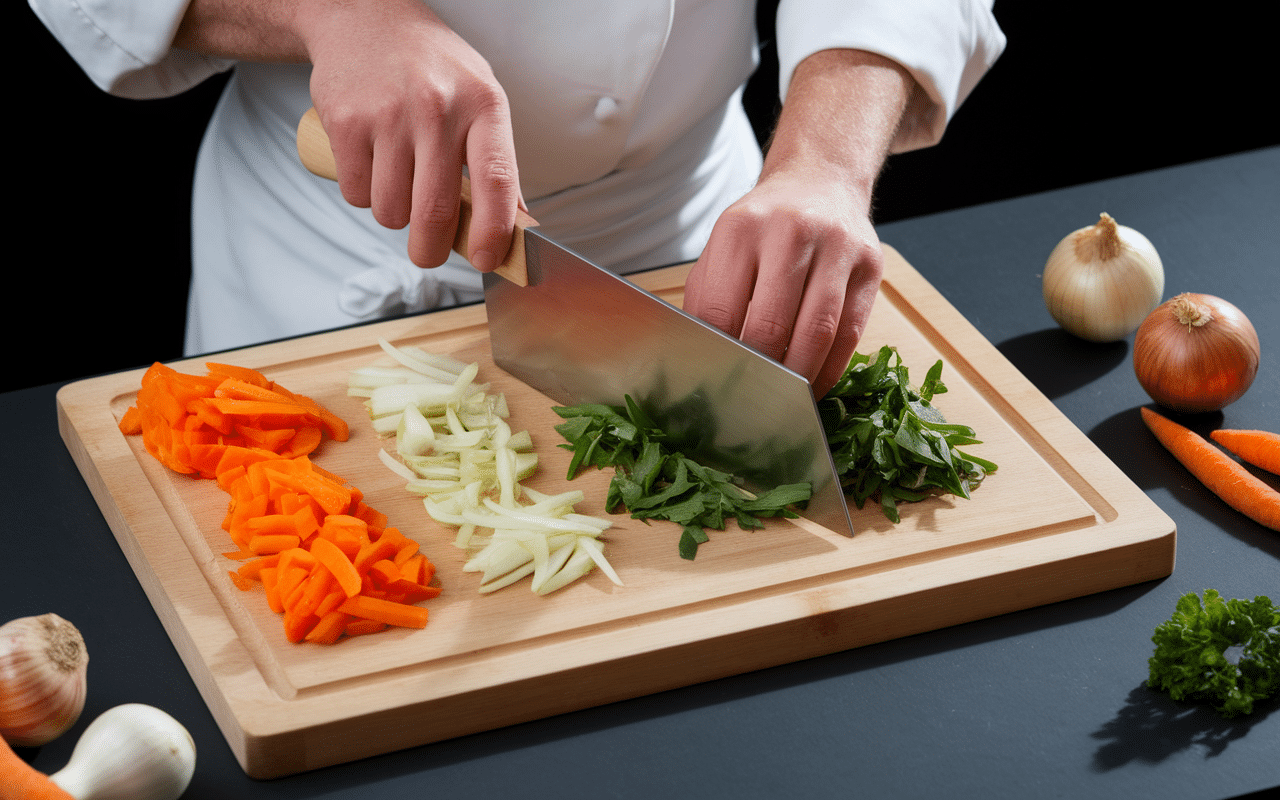 Légumes découpés sur plan de travail de cuisine avec couteau de chef