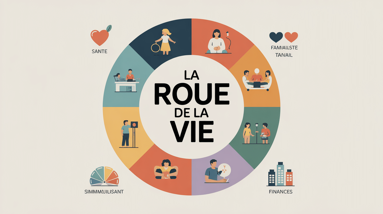 Illustration de la roue de la vie avec icones sante et finance