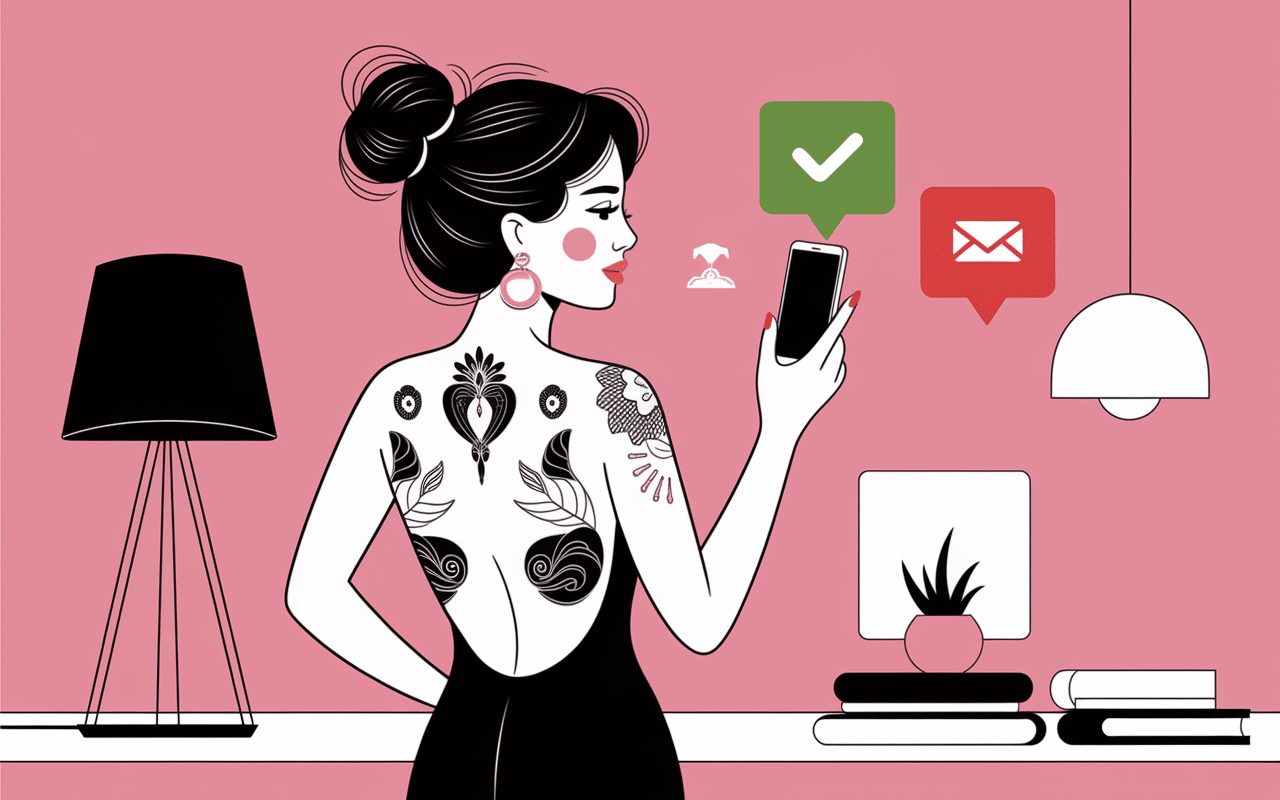 Silhouette tatouée de Pink Venus avec smartphone.