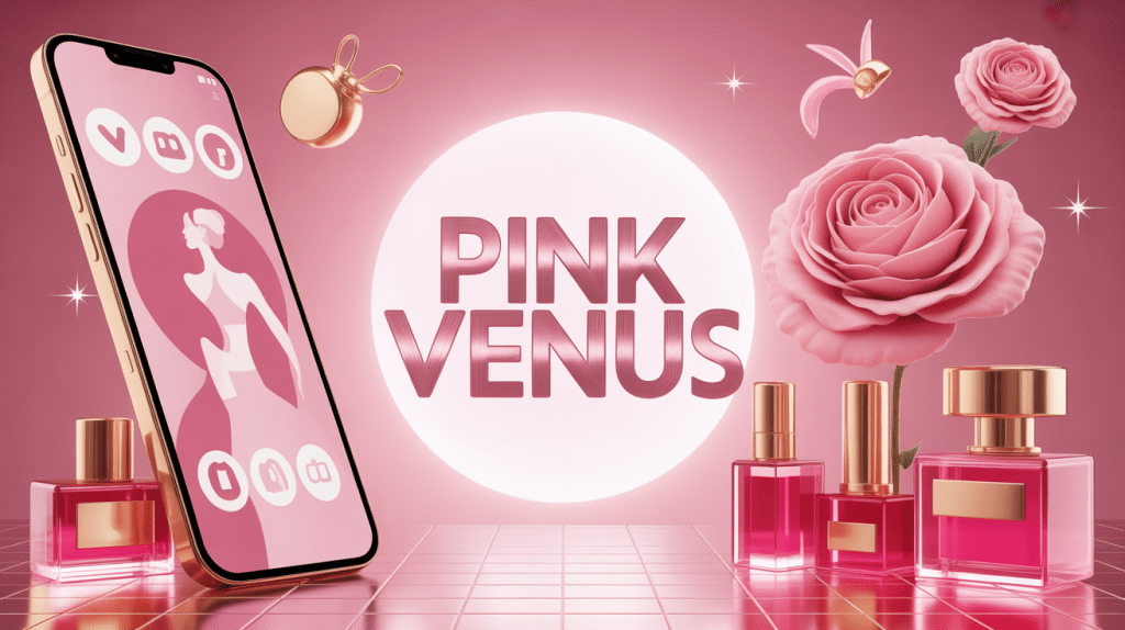 Illustration moderne de Pink Venus avec icônes réseaux sociaux.