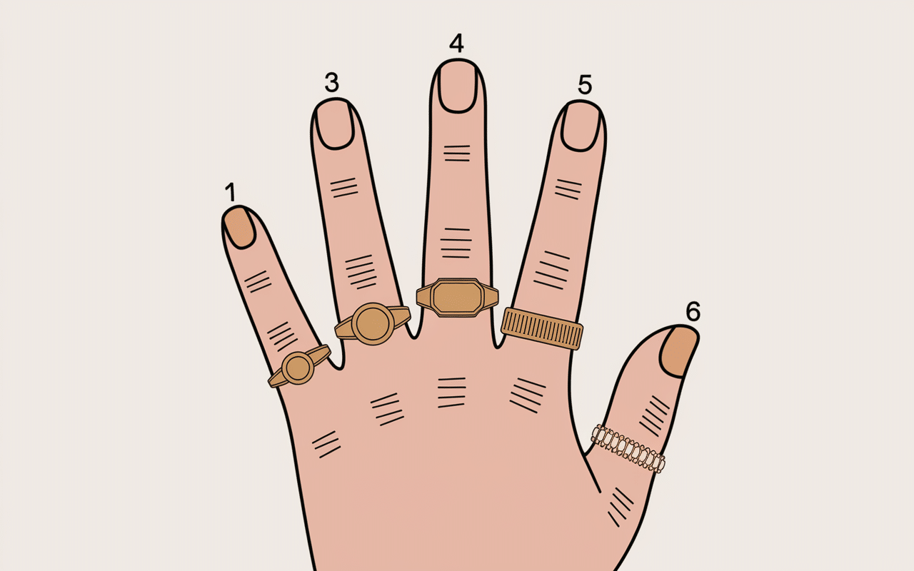 Diagramme des mains avec bagues sur chaque doigt