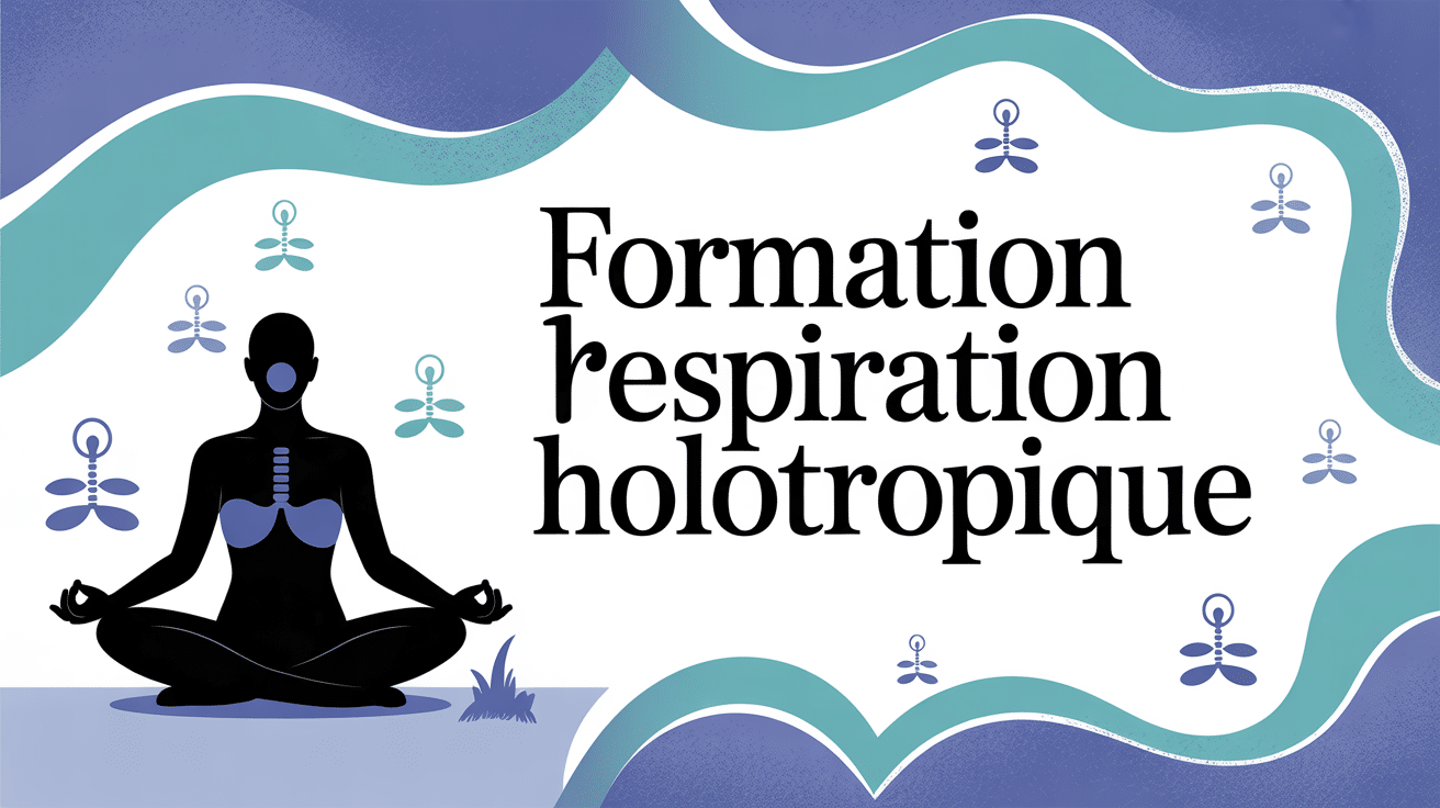 Illustration d'une formation respiration holotropique avec silhouette méditation et vagues colorées