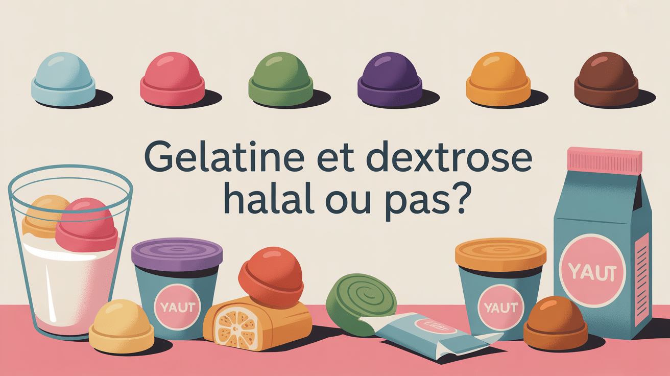 gélatine dextrose halal ou pas sur table avec bonbons et yaourts