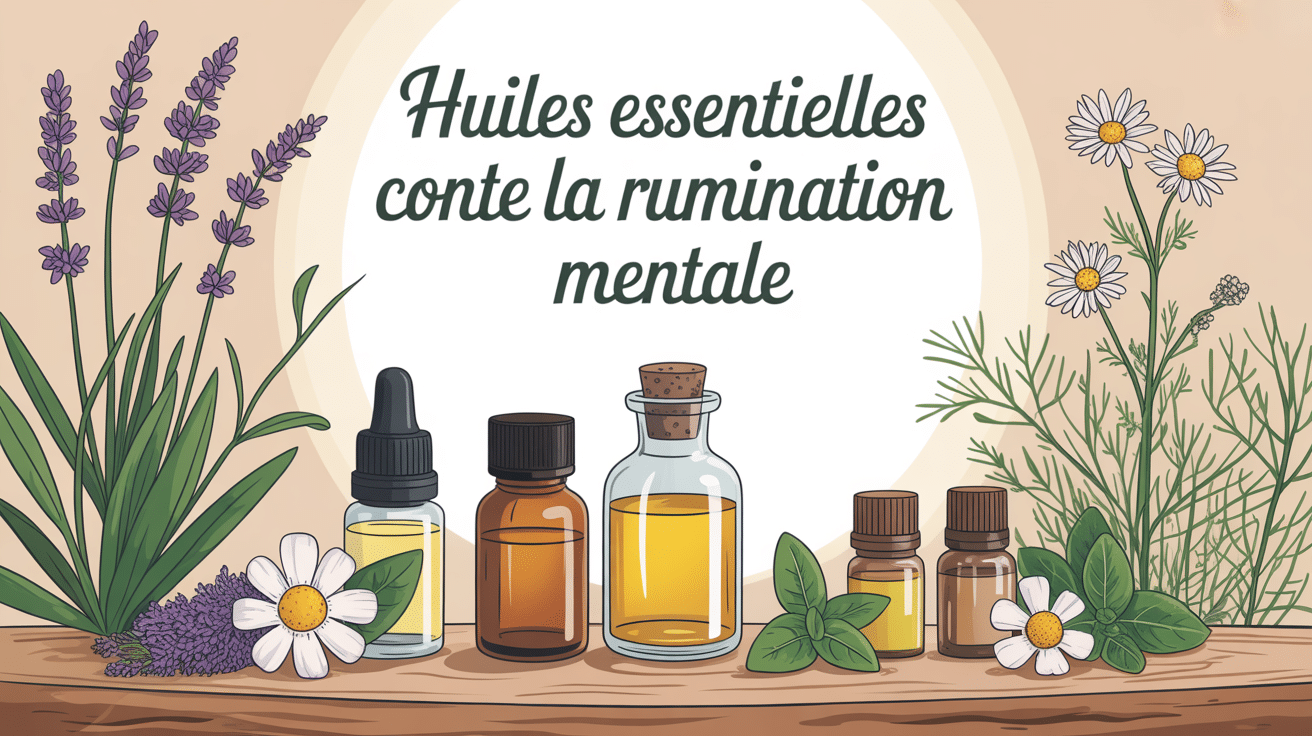 flacons huile essentielle contre rumination mentale sur bois, lavande camomille