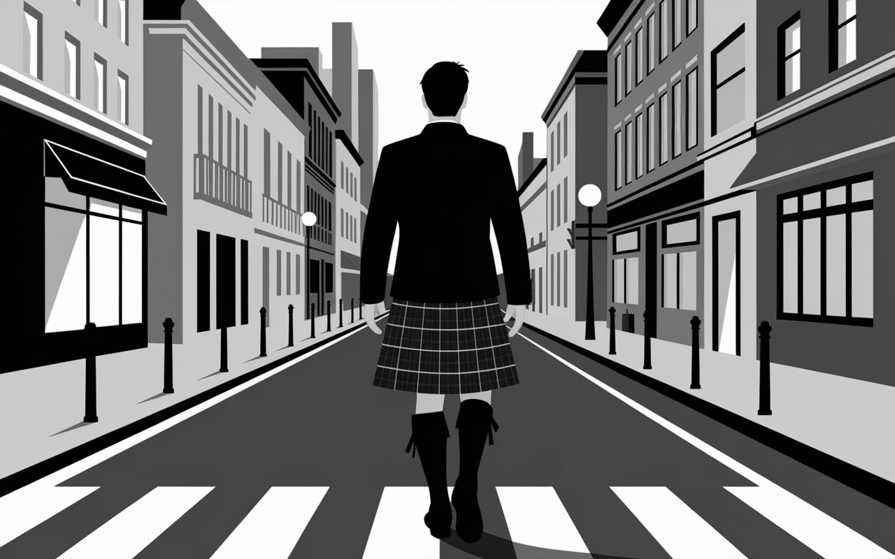 kilt moderne homme noir chemise blanche boots