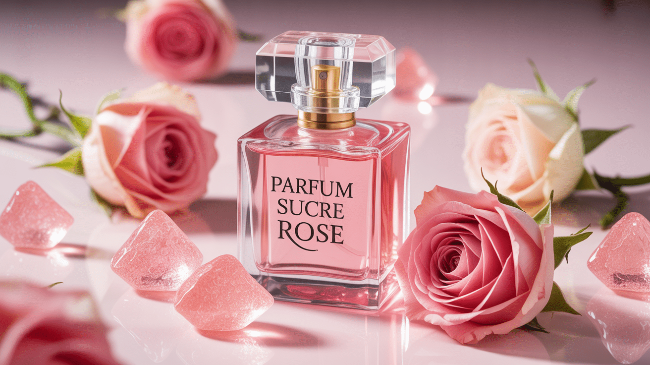 parfum sucre rose flacon cristaux pétales roses