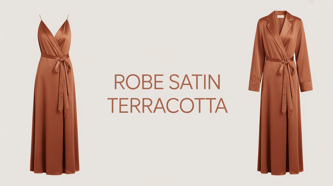 Robe satin terracotta longue sur cintre fond neutre