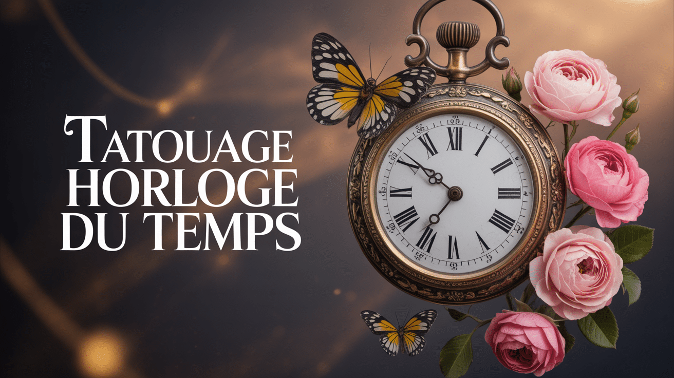 Tatouage horloge du temps ancienne avec roses et papillons