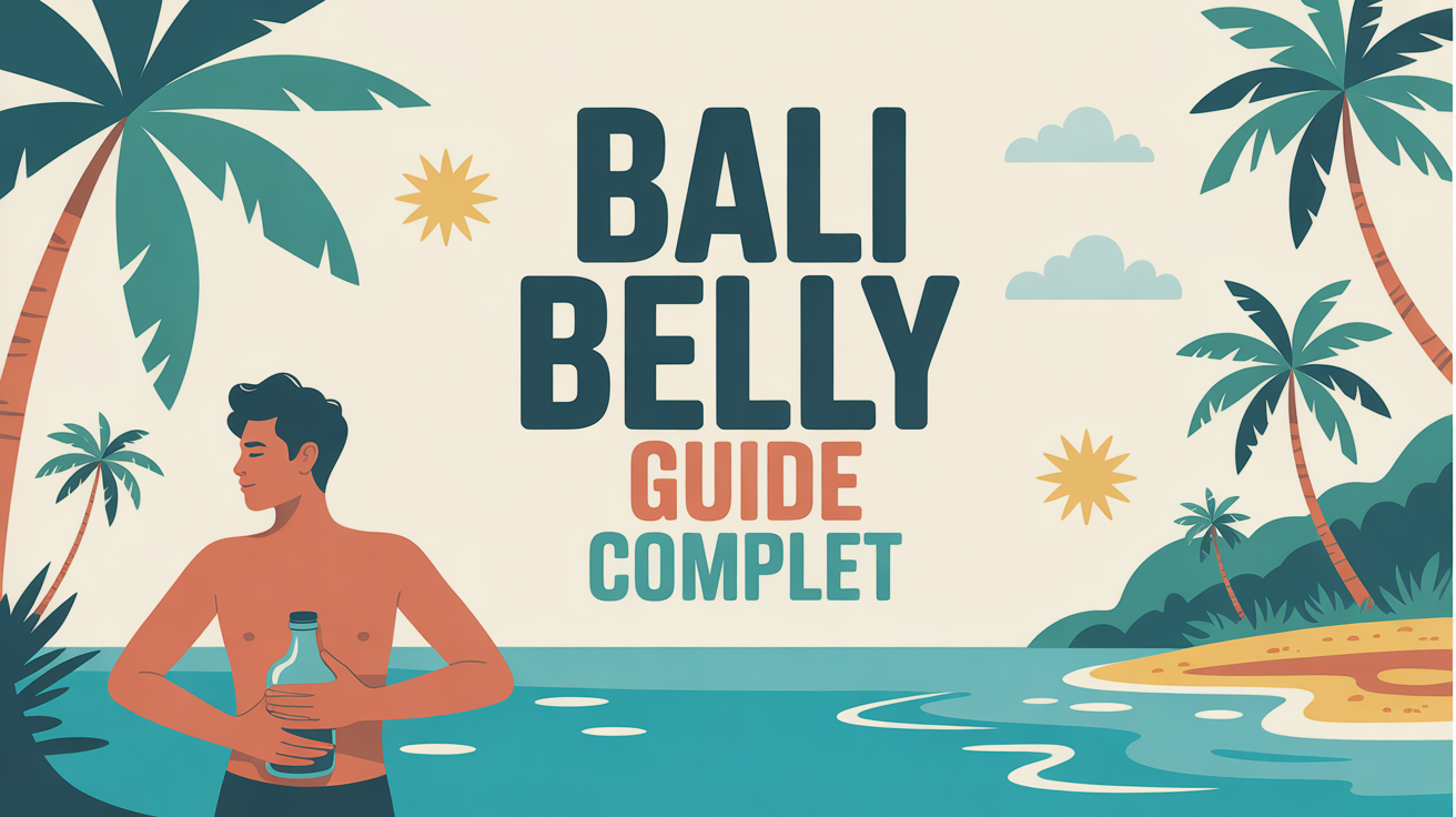 Illustration Bali belly guide complet avec plage et bouteille d'eau