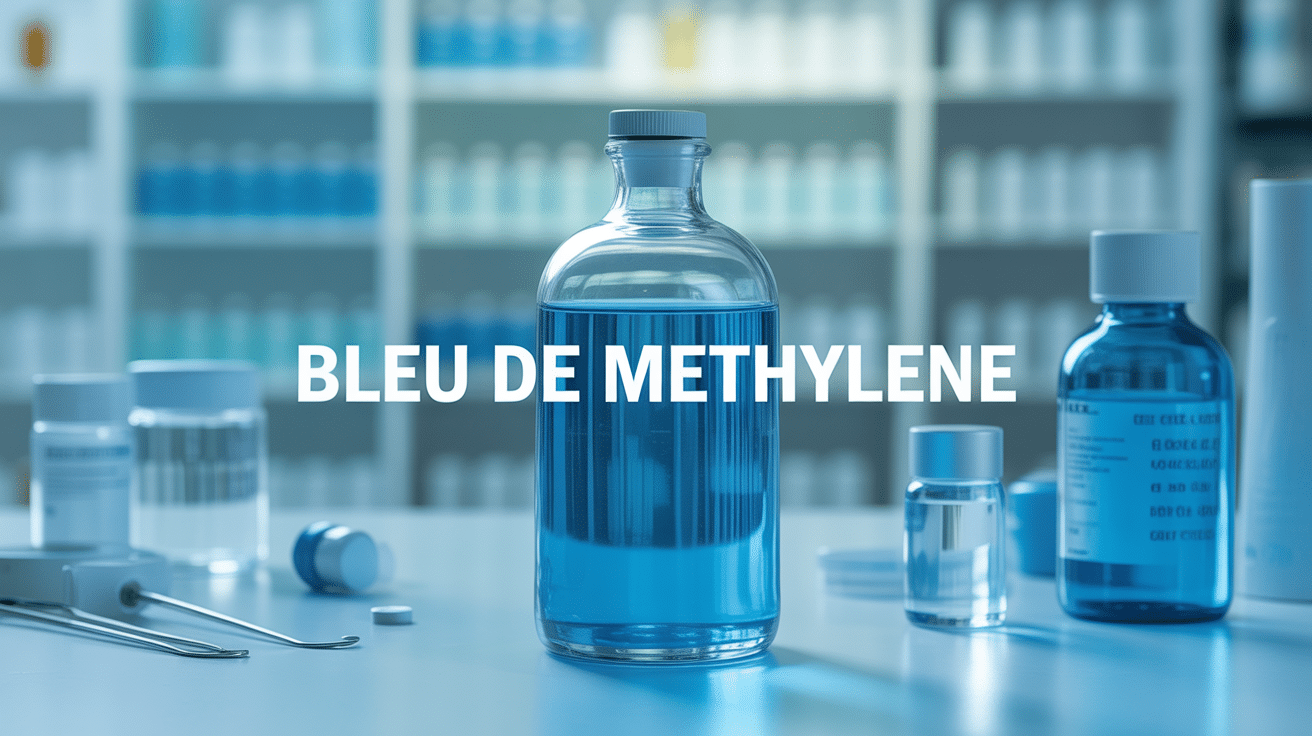 Bouteille bleu de méthylène pharmacie sur comptoir médical
