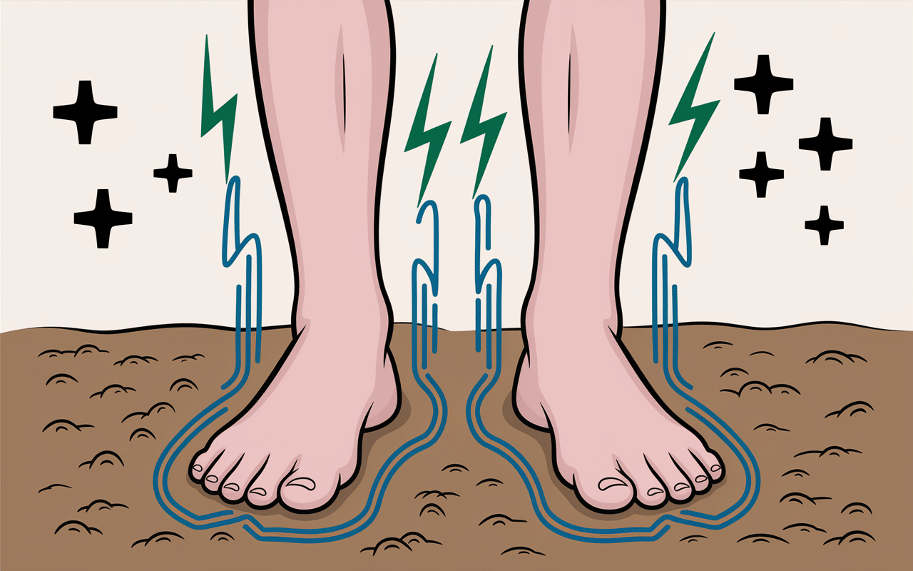 Diagramme grounding pieds nus échanges électrons terre