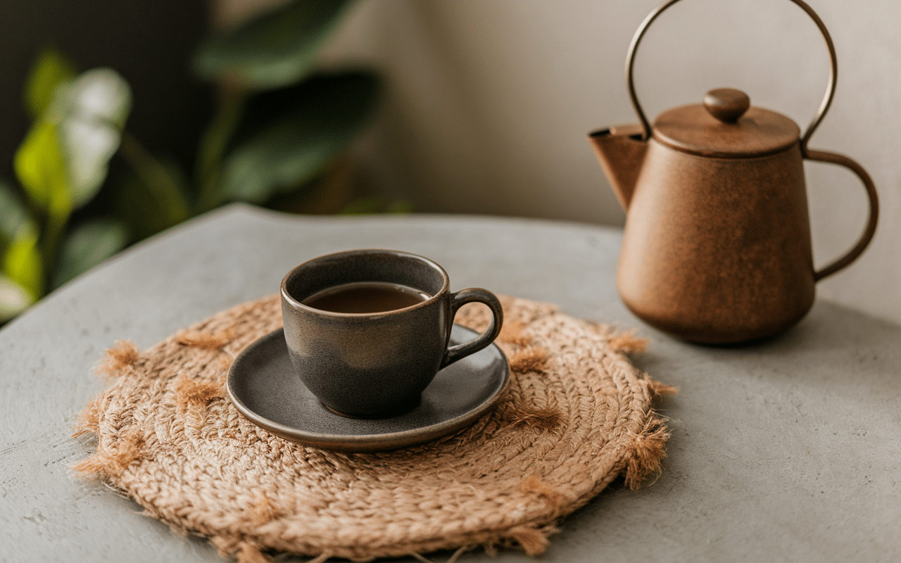 scène détente tasse de thé honigbusch fumante