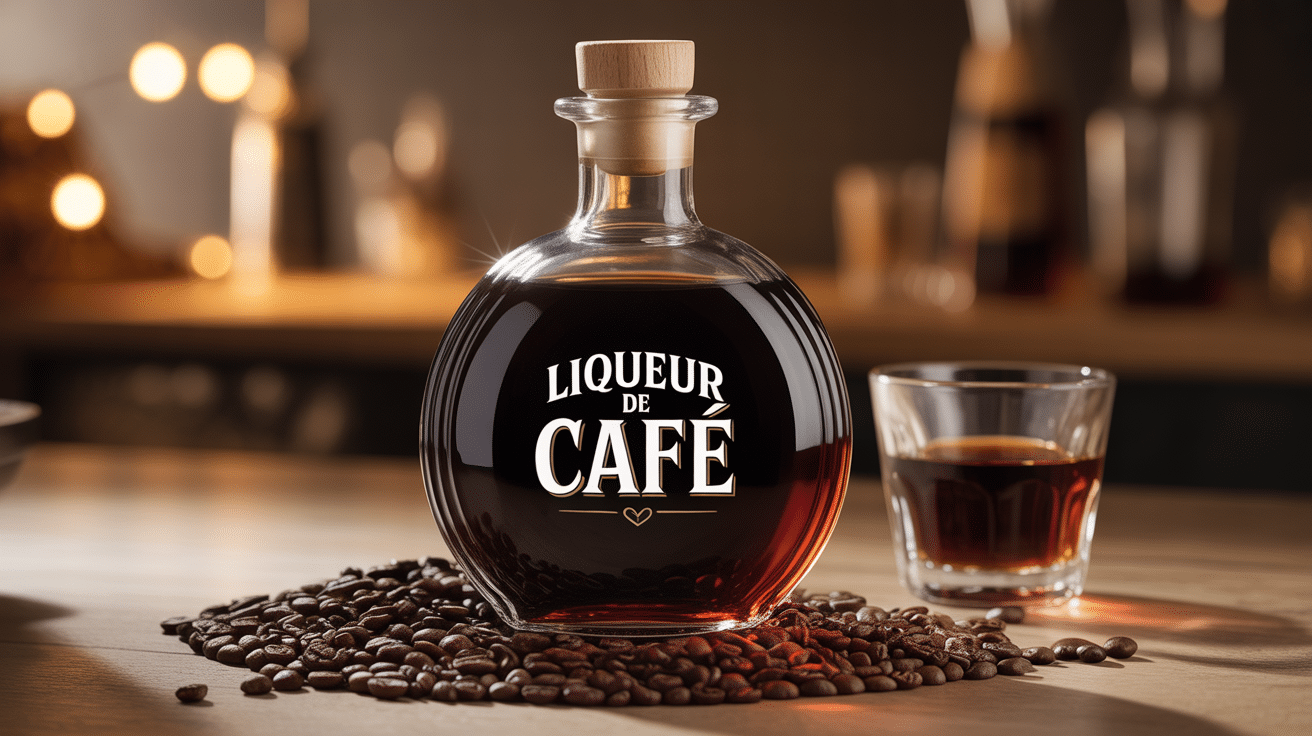 Liqueur de café sur table avec grains et verre