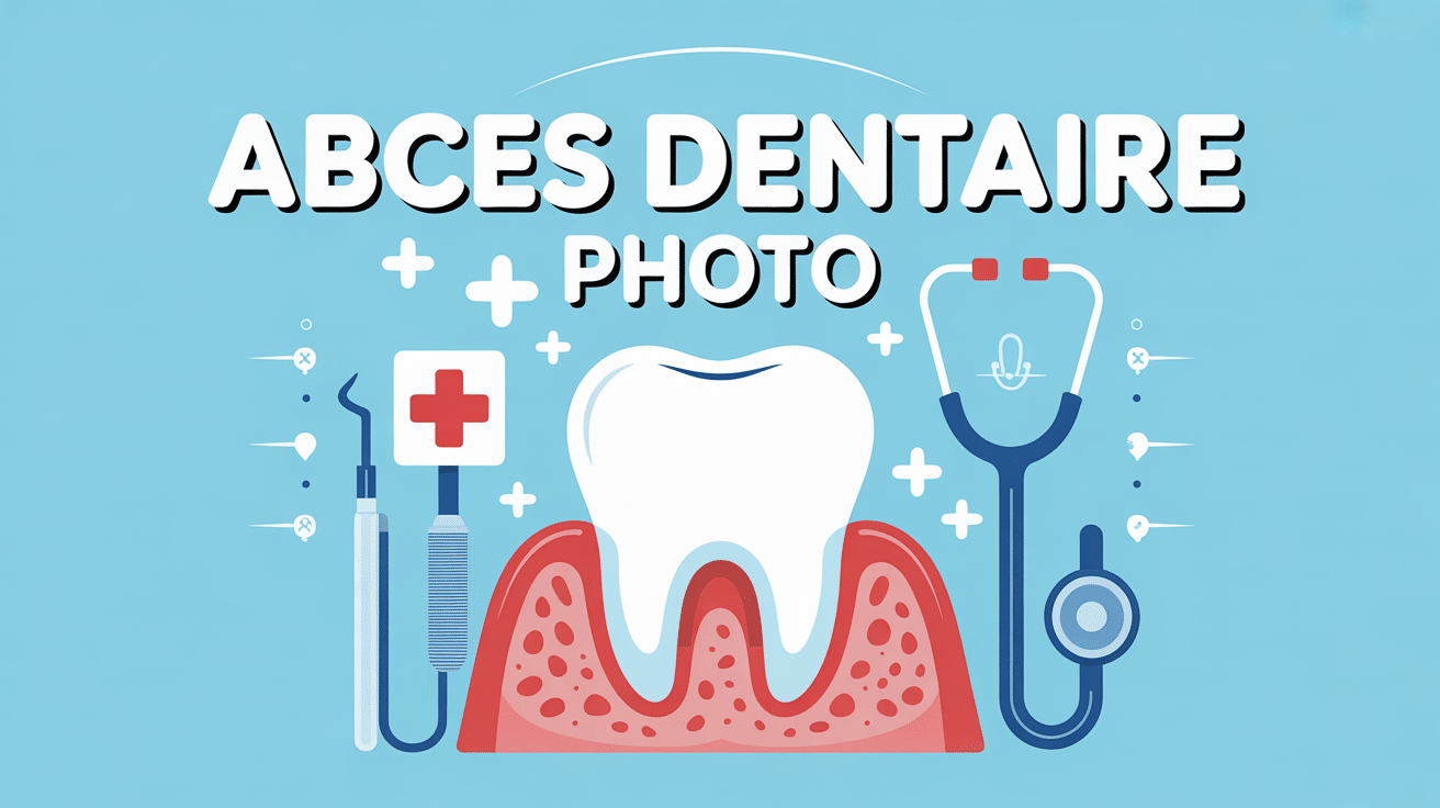 photo abcès dentaire avec zone rouge gonflée et symboles médicaux