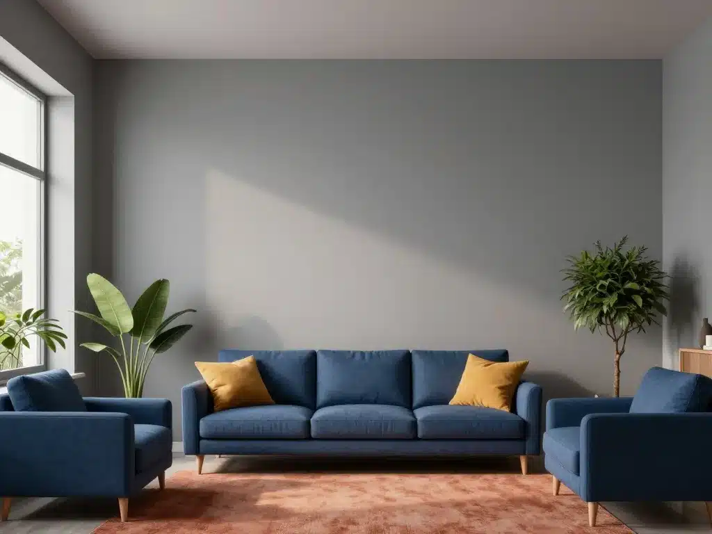 Salon lumineux en blended grey chaud avec bleu profond et terracotta