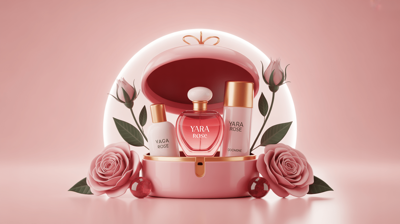 Visuel du coffret yara rose avec flacon et accessoires