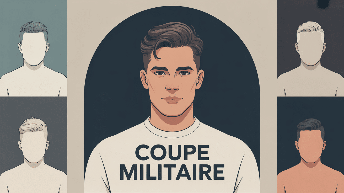 Illustration coupe militaire moderne : styles buzz cut, crew cut, high and tight, flat top
