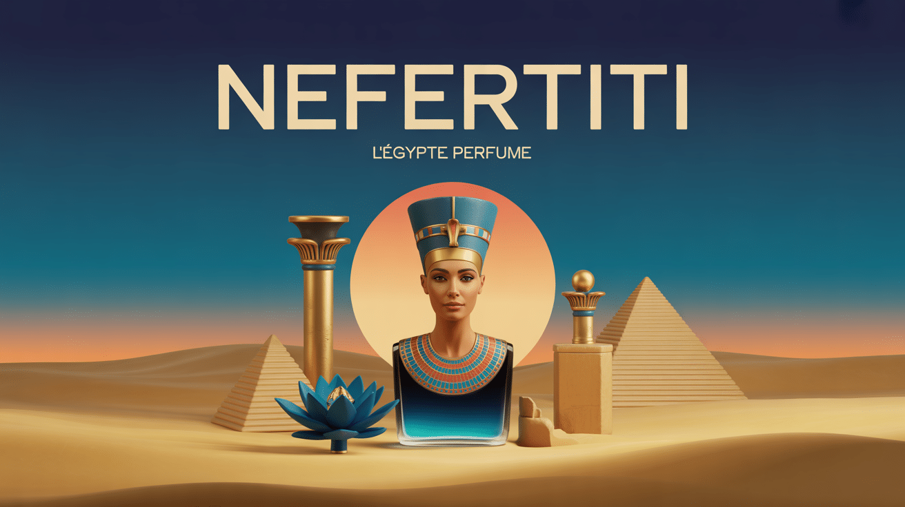 Illustration 3D néo-égyptienne de nefertiti perfume, encens, lotus, or