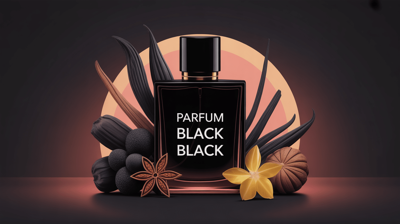 Illustration parfum black black flacon noir aura ambrée