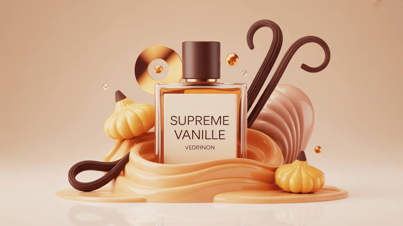 parfum supreme vanille flacon abstrait et volutes ambrees