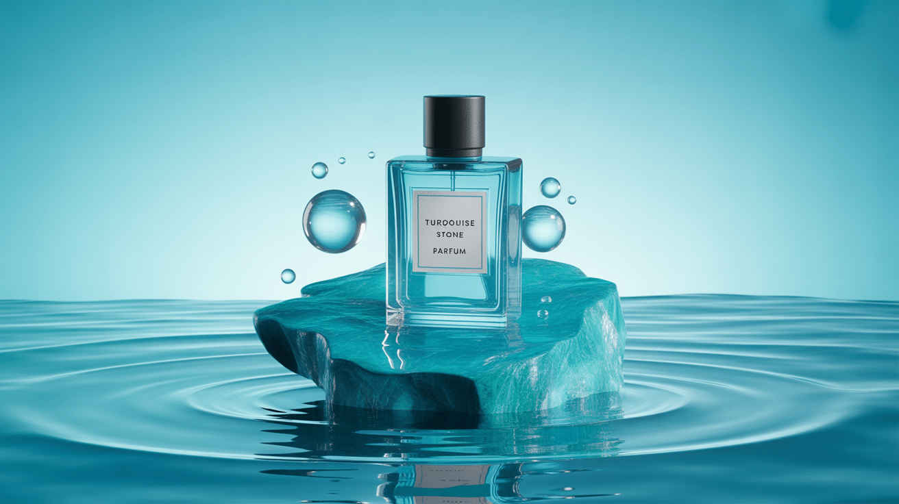 Illustration 3D de turquoise stone parfum, fraîcheur aquatique minérale