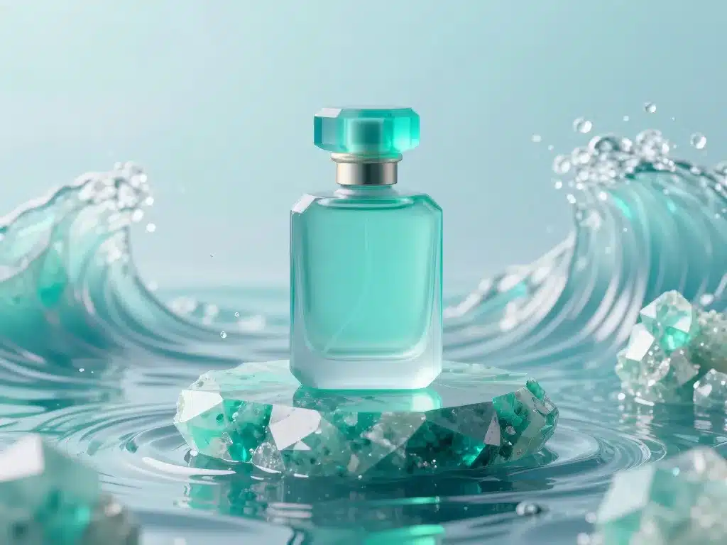 Scène 3D hero de turquoise stone parfum, facettes et vagues