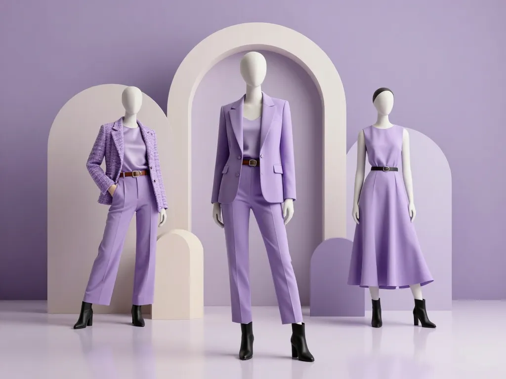 Trois silhouettes en vogue lilas style éditorial, textures tweed satin tailleur