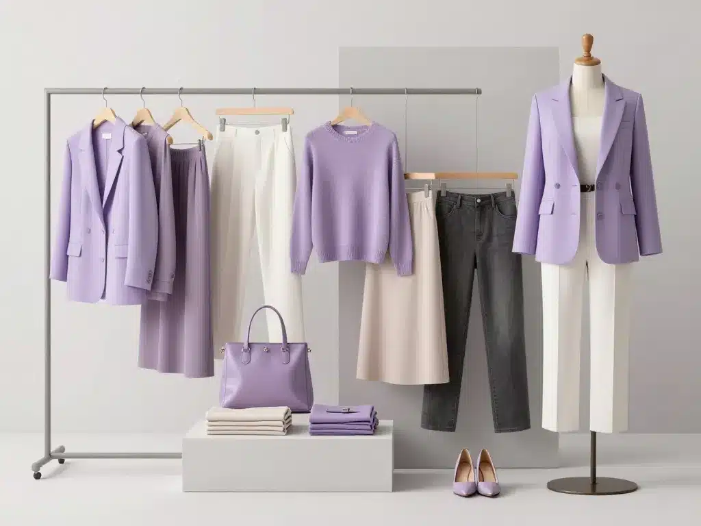 Produits mode vogue lilas pour tenues quotidiennes, blazer pull blouse pantalon et accessoires