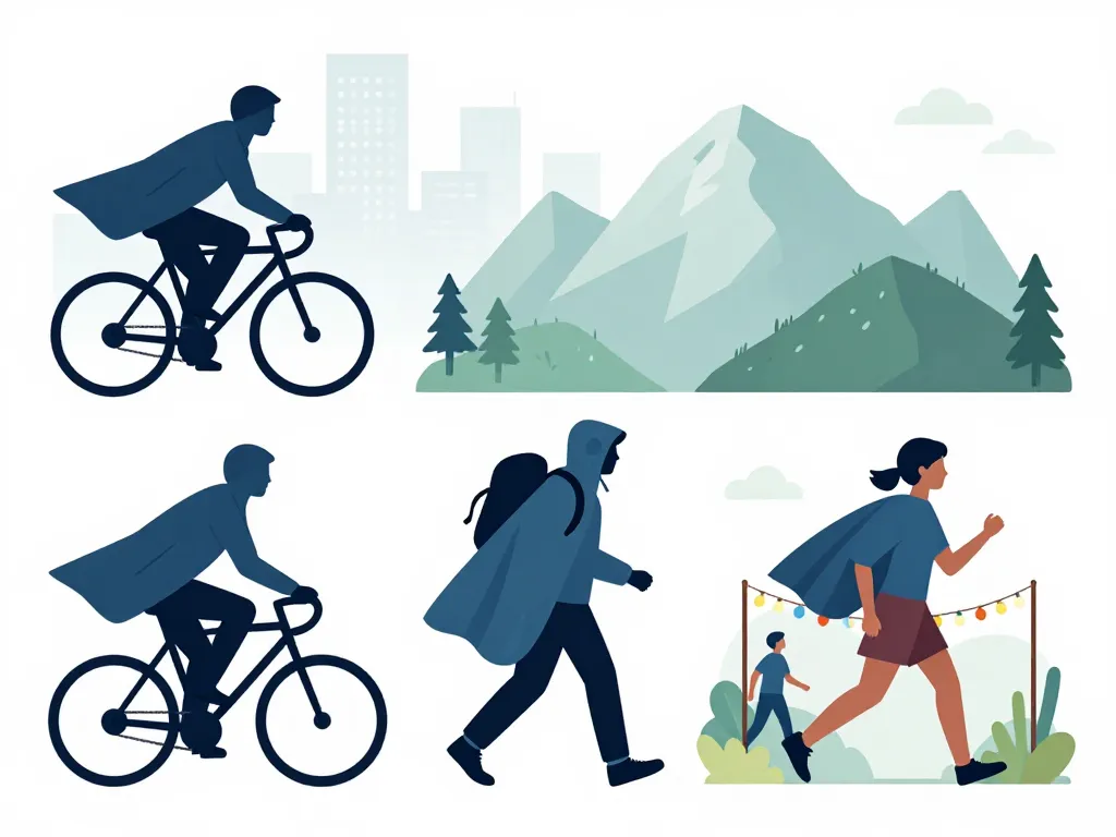 personnages utilisant une cape de pluie dans divers environnements