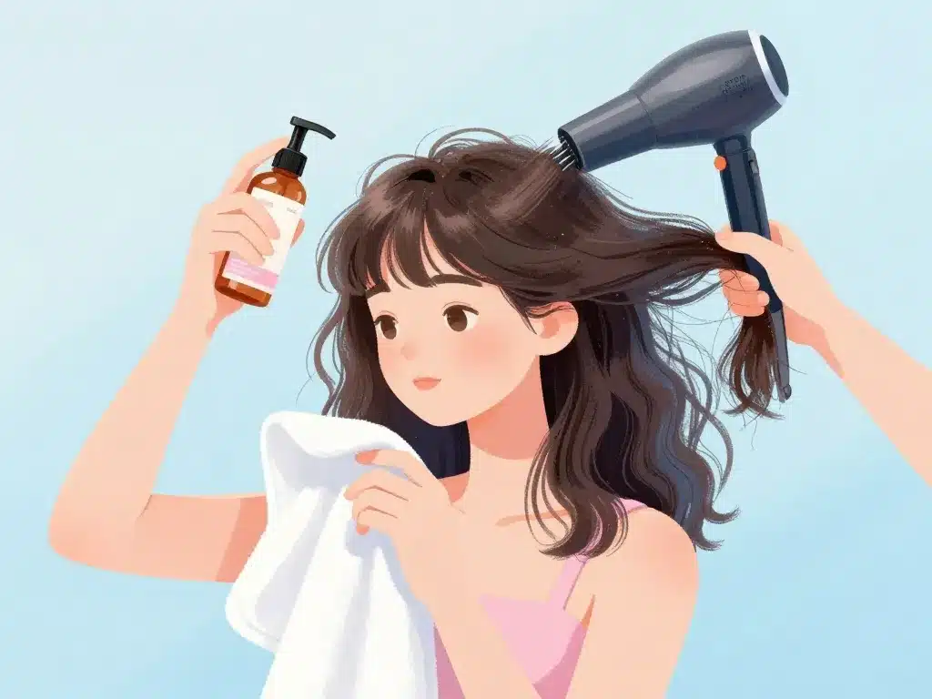 routine cheveux mousseux que faire illustration soins serum serviette