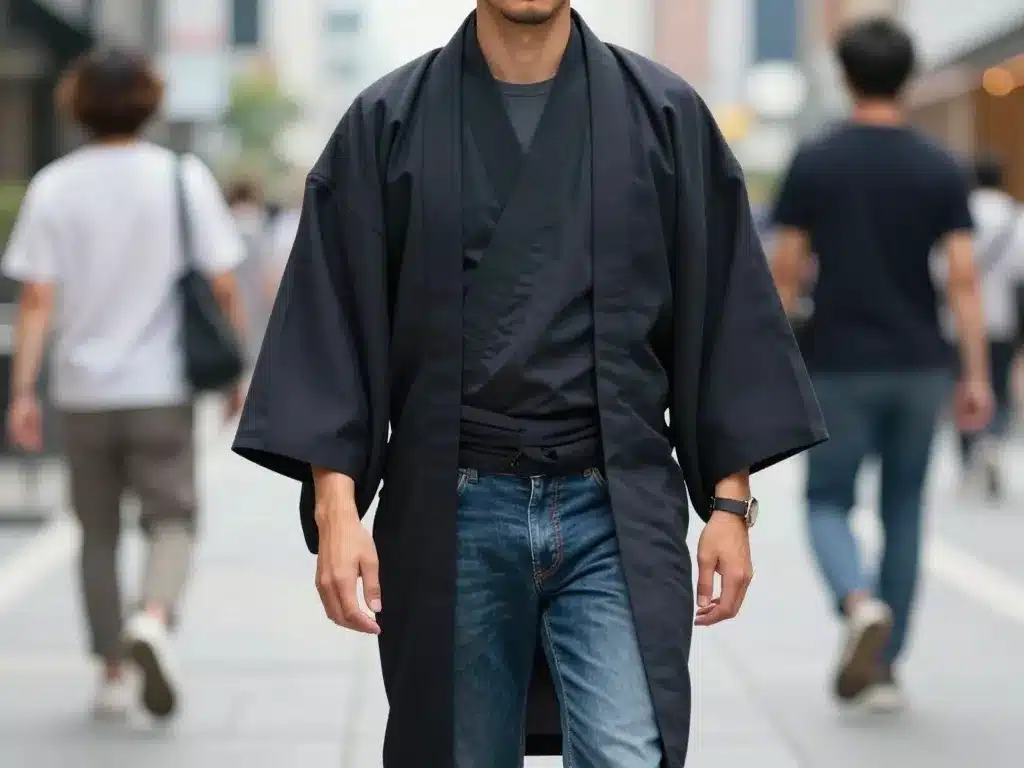 kimono homme porté avec un look urbain moderne