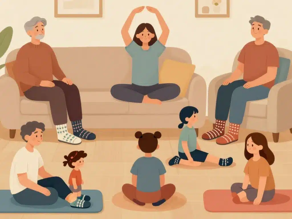 Famille en chausson chaussette tendance à la maison