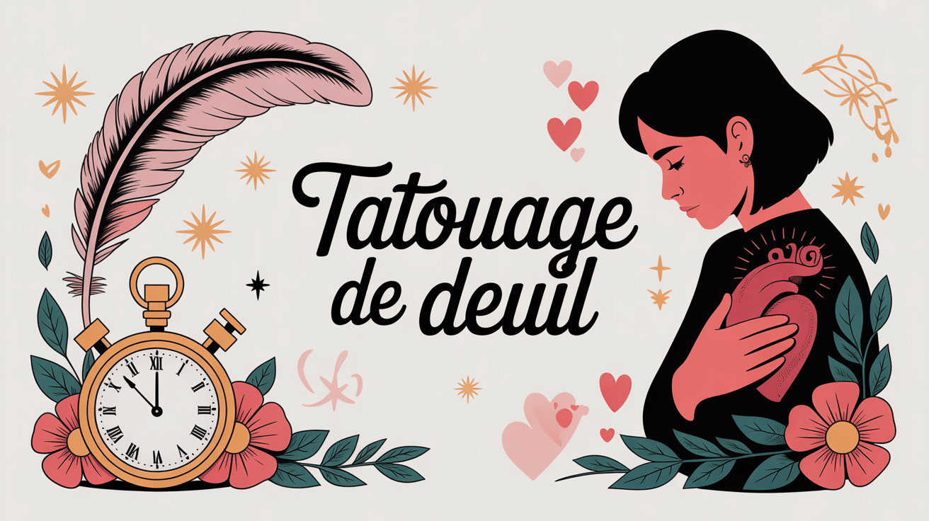 tatouage deuil peinture digitale émotive avec plume et cœur