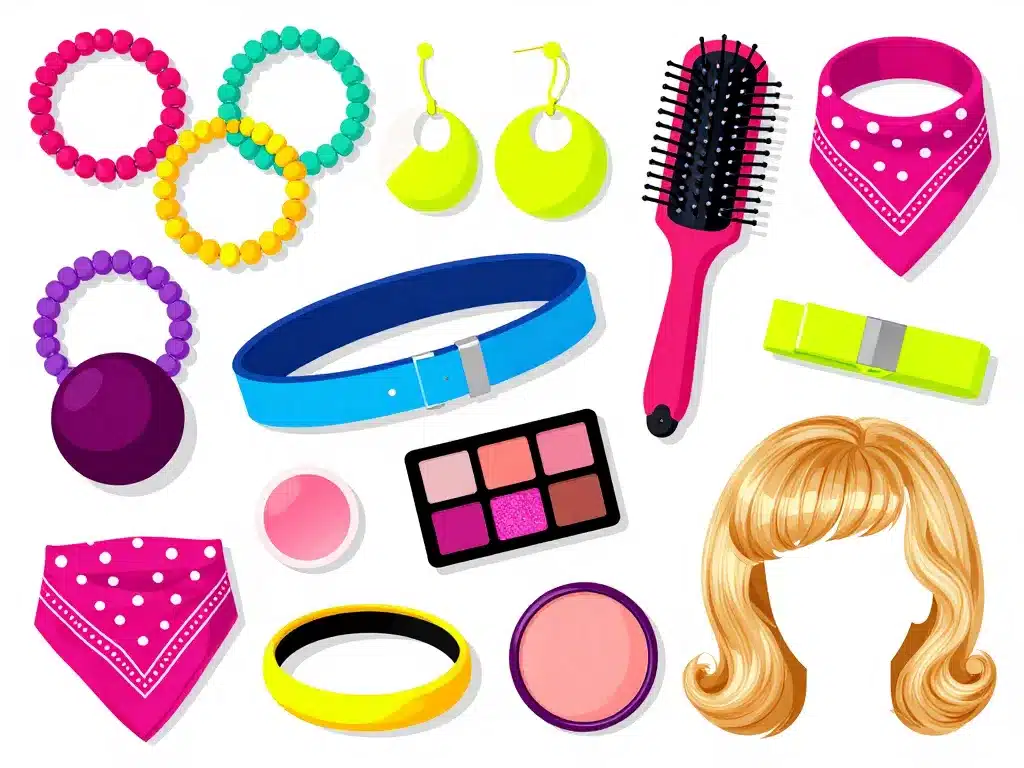 Accessoires et maquillage pour déguisement année 80 en flat lay