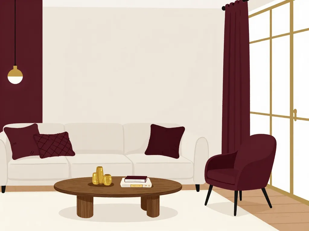 Salon moderne avec touches de burgundy couleur et déco raffinée