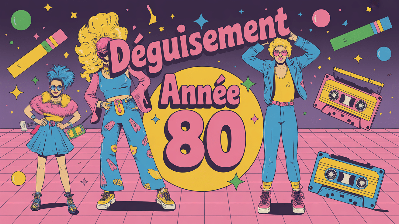 Groupe en fête avec déguisement année 80, couleurs fluo, accessoires rétro