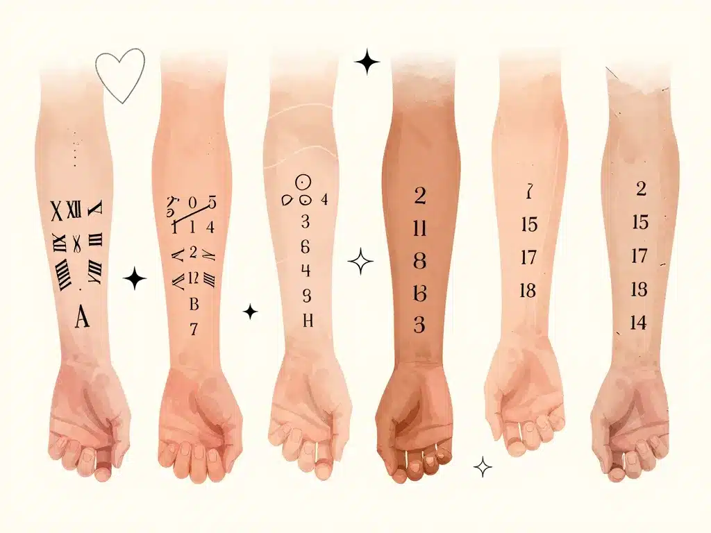 Différents styles tatouage date de naissance sur bras et clavicule