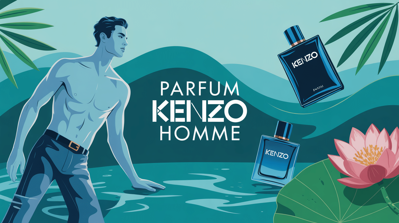 Illustration parfum Kenzo homme ambiance aquatique boisée moderne