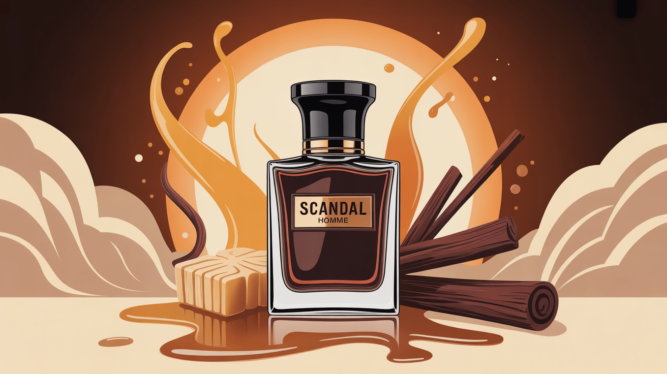 Parfum Scandal homme illustration flacon élégant stylisé ambiance gourmande