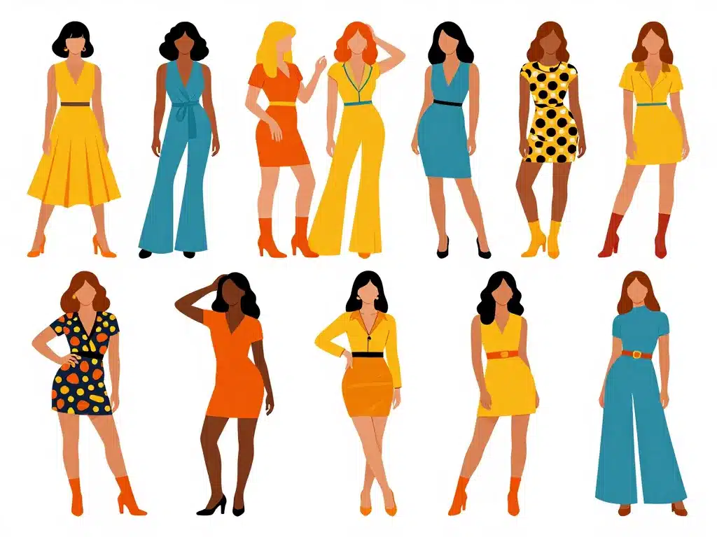 différentes coupes robe année 70 sur plusieurs morphologies féminines