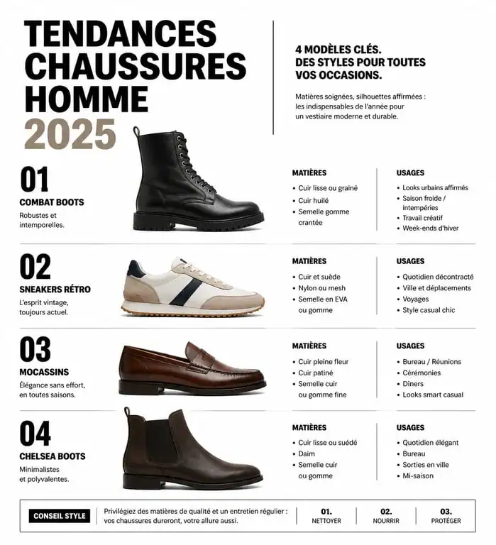 Tendances chaussures homme 2025 : guide des styles et matières